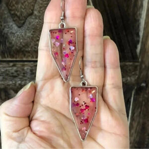 Pink Red Hearts Love Handmade Resin Glitter Silver Tone Drop Earrings New NWT